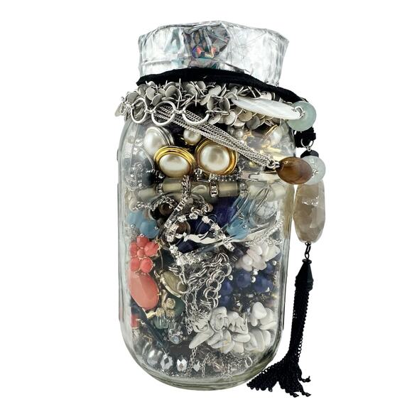 2lb 9oz Jewelry Jar Vintage to Modern Earrings Bracelets Necklaces Mixed Lot - Picture 2 of 10